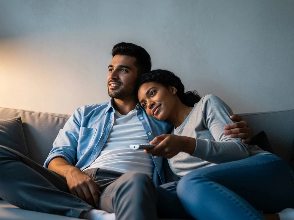 An attractive smiling couple embracing and watching TV together.
